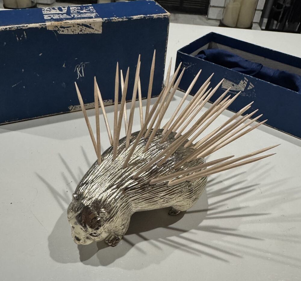 Vintage Silver Plate Porcupine Charcuterie Toothpick Holder Housewarming Gift